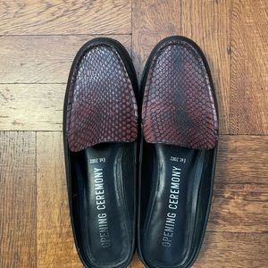 Red and Black Snake print loafer mules from Opening Ceremony